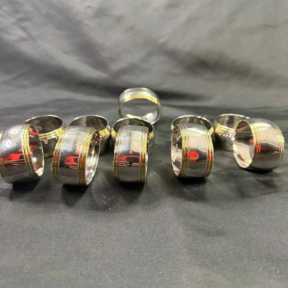 Set of 11 Two Tone Silver and Gold Ribbed Metal Napkin Rings Table Decor